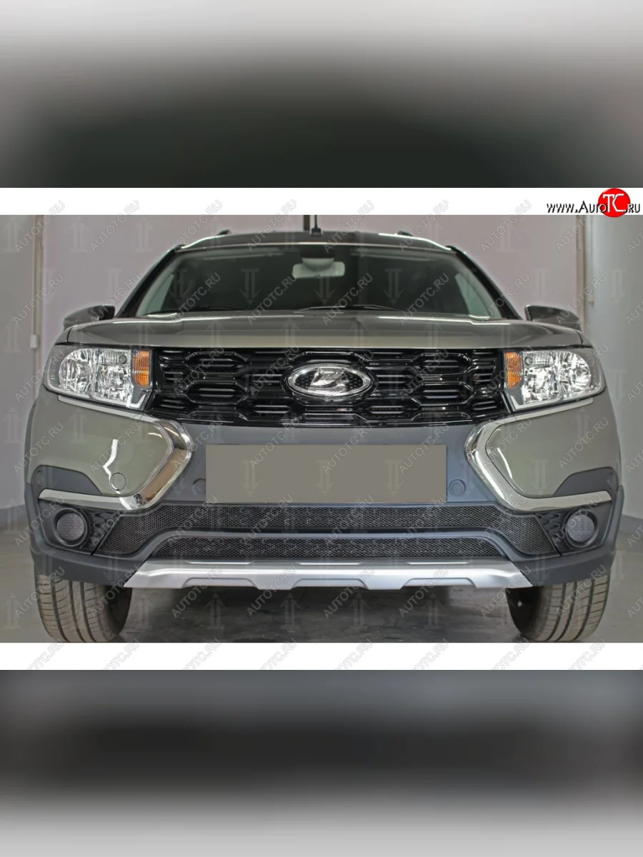 Защитная сетка в бампер (низ, 2 части, ячейка 3х7 мм) Alfeco Стандарт Лада ВАЗ Ларгус рестайлинг R90 (2021-2025) (Чёрная)  с доставкой в г. Пермь