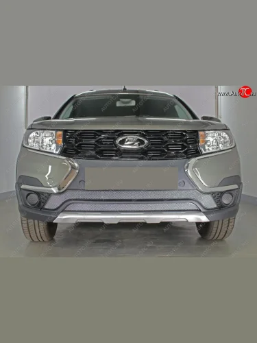 Защитная сетка в бампер (низ, 2 части, ячейка 3х7 мм) Alfeco Стандарт (Хром) Лада ВАЗ Ларгус рестайлинг R90 (2021-2025)