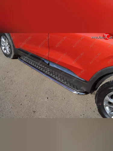 Пороги с площадкой 75х42 мм ТСС Тюнинг (серые) Hyundai Santa Fe TM дорестайлинг (2018-2021)
