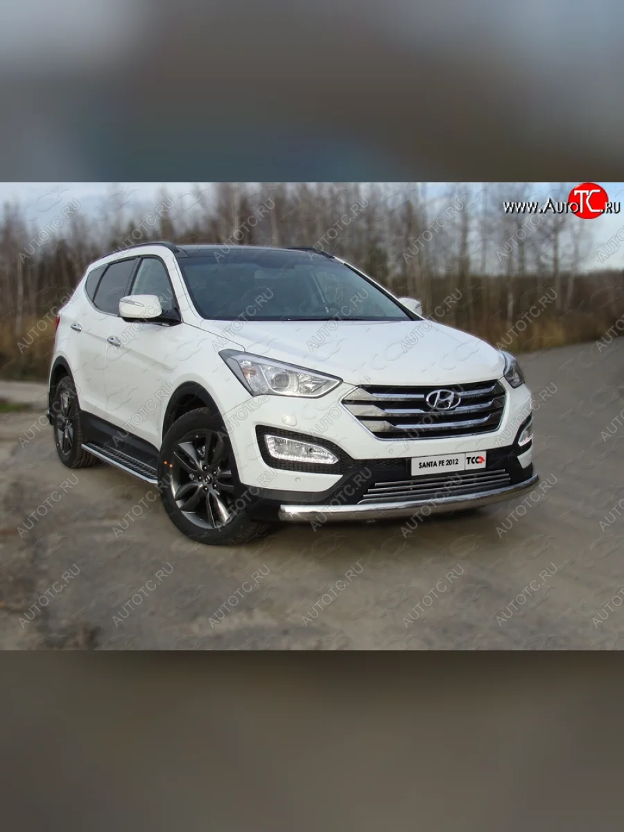 Защита переднего бампера овальная длинная 75х42 мм ТСС тюнинг Hyundai Santa Fe DM дорестайлинг (2012-2016) (нержавейка)  в Перми Пермском крае