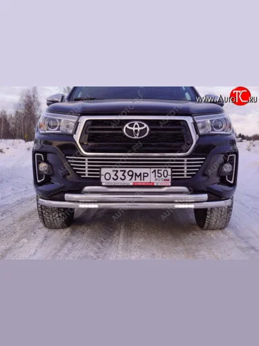 Защита переднего бампера нижняя двойная с ДХО 60,3*60,3 мм ТСС Тюнинг (нержавейка) Toyota Hilux AN120 1-ый рестайлинг (2017-2020)