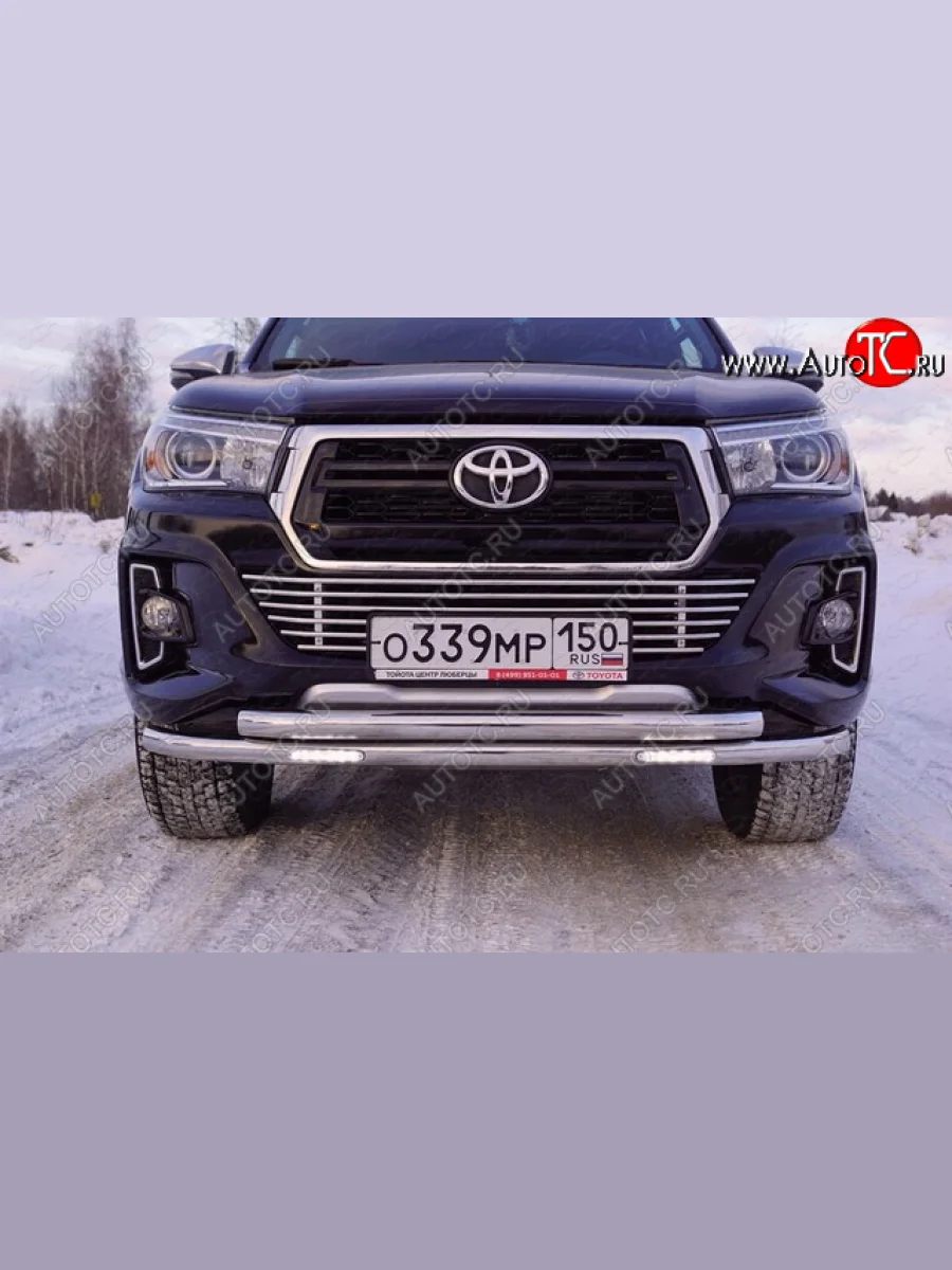 Защита переднего бампера нижняя двойная с ДХО 60,3*60,3 мм ТСС Тюнинг Toyota Hilux AN120 1-ый рестайлинг (2017-2020) (нержавейка)  в Керчи Республика Крым