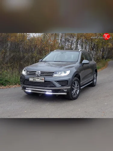 Защита переднего бампера нижняя двойная с ДХО 60,3*60,3 мм R-Line ТСС Тюнинг (нержавейка) Volkswagen Touareg 2 NF рестайлинг (2014-2018)