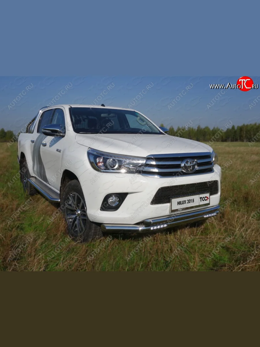 Защита переднего бампера нижняя двойная с ДХО 76,1*60,3 мм ТСС Тюнинг Toyota Hilux AN120 дорестайлинг (2016-2020) (нержавейка)  в Перми Пермском крае