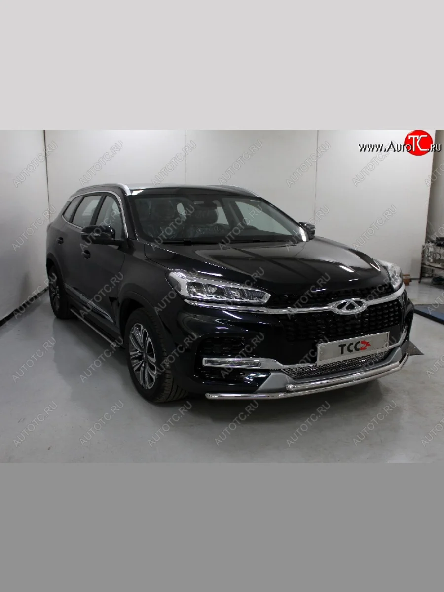 Защита переднего бампера нижняя двойная 42,4*42,4 мм ТСС Тюнинг Chery Tiggo 8 1 T18 рестайлинг (2019-2023) (нержавейка)  с доставкой в г. Пермь
