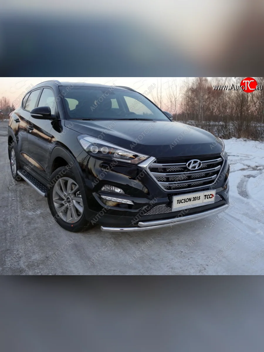 Защита переднего бампера нижняя двойная 42,4*42,4 мм ТСС Тюнинг Hyundai Tucson TL дорестайлинг (2015-2018) (нержавейка)  в Керчи Республика Крым