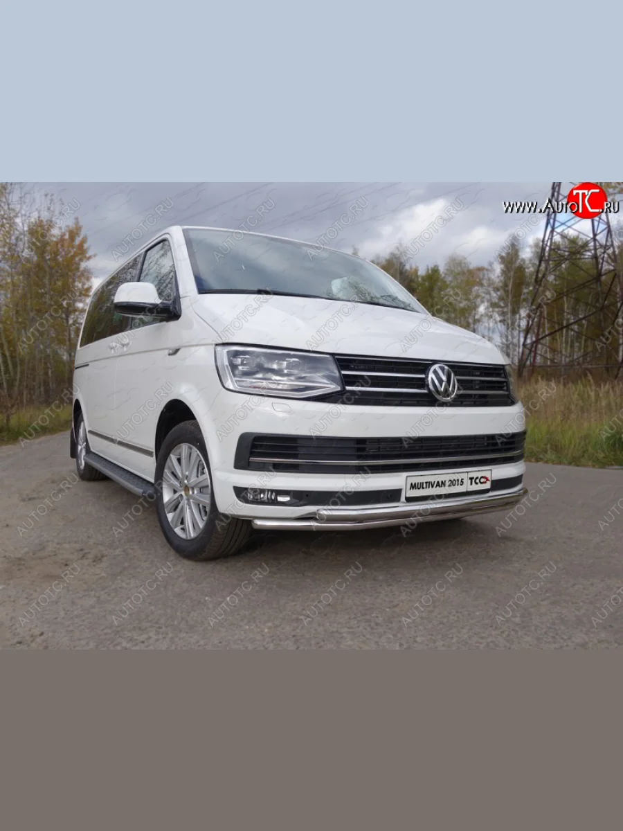 Защита переднего бампера нижняя двойная 42,4*42,4 мм ТСС Тюнинг  Volkswagen Multivan (2016-2019) T6 (нержавейка)  в Воронеже Воронежской области