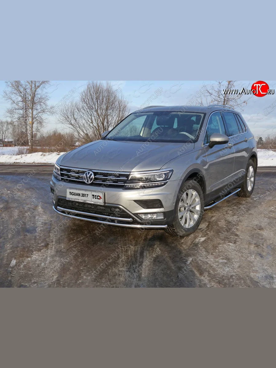 Защита переднего бампера нижняя двойная 42,4*42,4 мм ТСС Тюнинг Volkswagen Tiguan Mk2 дорестайлинг (2016-2020) (Пакет Offroad)  в Перми Пермском крае