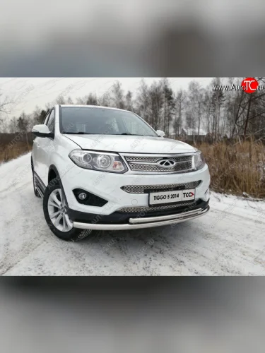 Защита переднего бампера нижняя двойная 60,3*42,4 мм ТСС Тюнинг (нержавейка) Chery Tiggo 5  (T21) (2014-2017) дорестайлинг