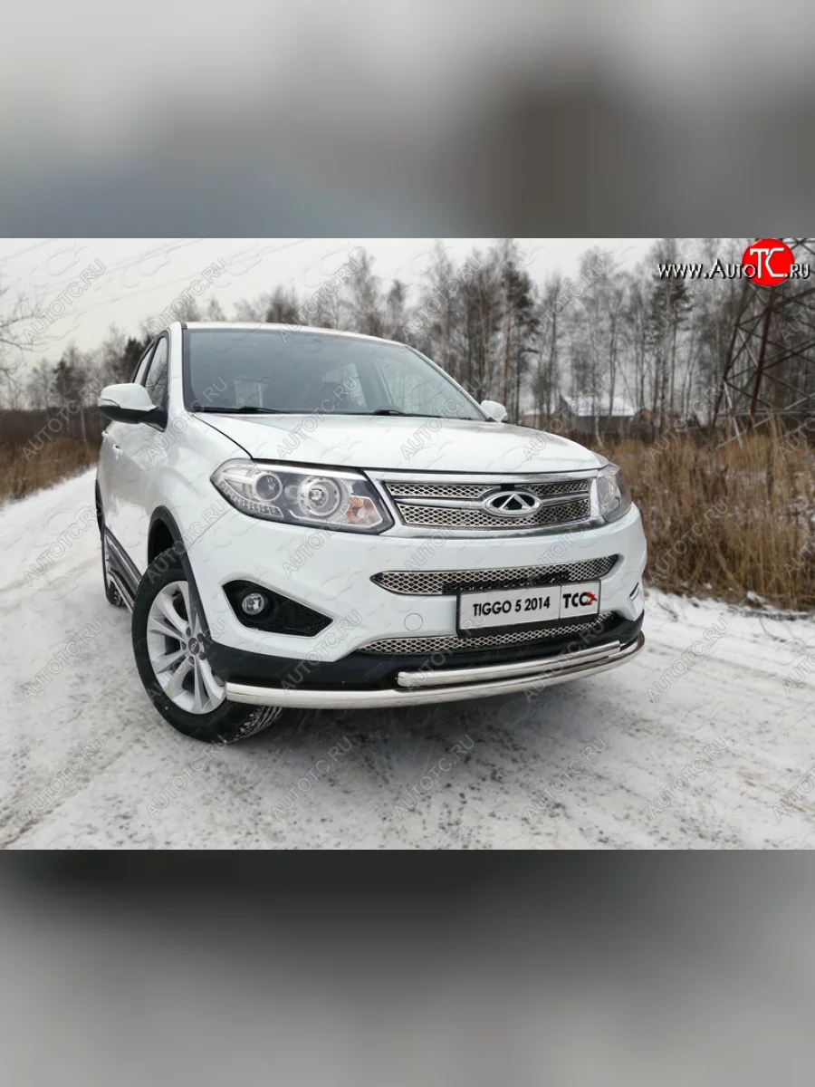 Защита переднего бампера нижняя двойная 60,3*42,4 мм ТСС Тюнинг Chery Tiggo 5 (T21) дорестайлинг (2014-2017) (нержавейка)  в Перми Пермском крае