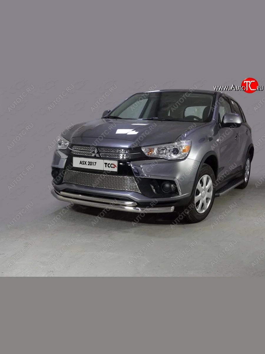 Защита переднего бампера нижняя двойная 60,3*42,4 мм ТСС Тюнинг Mitsubishi ASX 2-ой рестайлинг (2017-2020) (нержавейка)  в Керчи Республика Крым