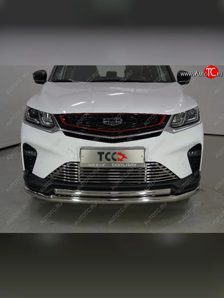 Защита переднего бампера нижняя двойная 60,3*42,4 мм ТСС Тюнинг Geely Coolray SX11 дорестайлинг (2018-2023) (нержавейка)  в Керчи Республика Крым