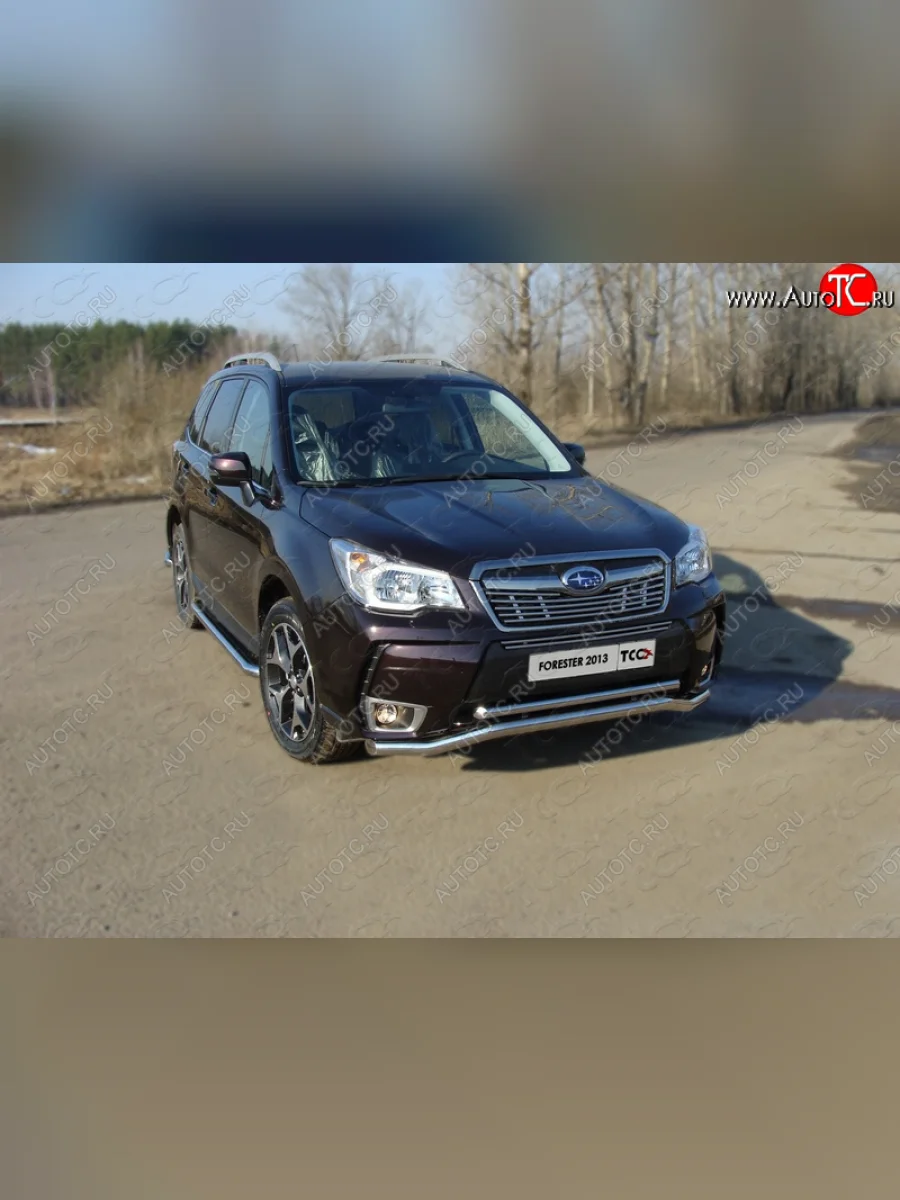 Защита переднего бампера нижняя двойная 60,3*42,4 мм спорт ТСС Тюнинг Subaru Forester SJ дорестайлинг (2012-2016) (нержавейка)  в Керчи Республика Крым
