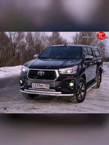 Защита переднего бампера нижняя двойная 60,3*60,3 мм ТСС Тюнинг (нержавейка) Toyota Hilux AN120 дорестайлинг (2016-2020)