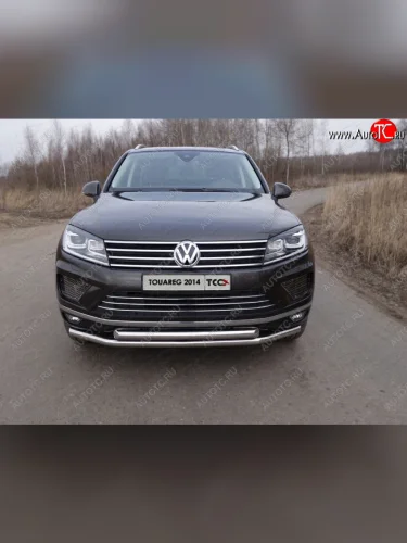 Защита переднего бампера нижняя двойная 60,3*60,3 мм ТСС Тюнинг (нержавейка) Volkswagen Touareg 2 NF рестайлинг (2014-2018)