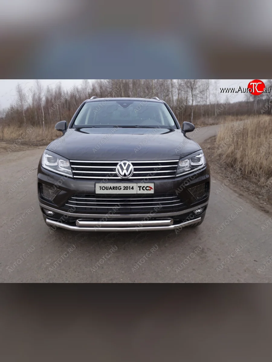 Защита переднего бампера нижняя двойная 60,3*60,3 мм ТСС Тюнинг Volkswagen Touareg 2 NF рестайлинг (2014-2018) (нержавейка)  в Самаре Самарской области