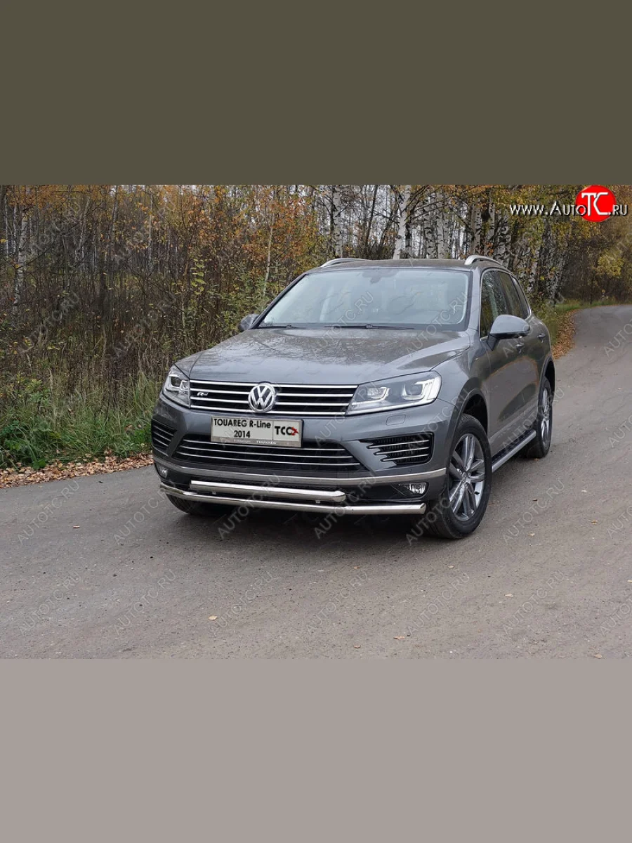 Защита переднего бампера нижняя двойная 60,3*60,3 мм ТСС Тюнинг Volkswagen Touareg 2 NF рестайлинг (2014-2018) (нержавейка)  в Самаре Самарской области