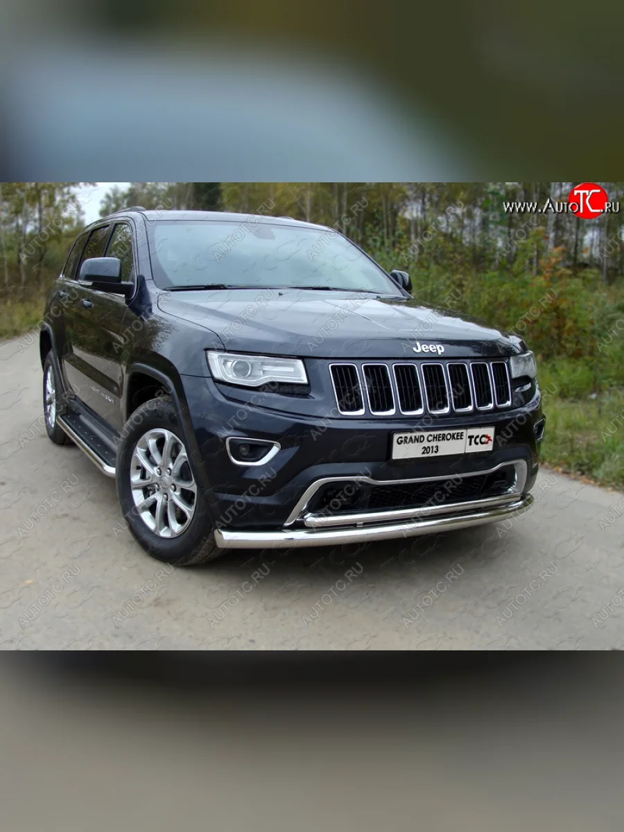 Защита переднего бампера нижняя двойная 76,1*42,2 мм ТСС Тюнинг Jeep Grand Cherokee WK2 1-ый рестайлинг (2013-2018) (нержавейка)  в Самаре Самарской области