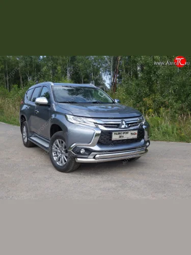 Защита передняя нижняя двойная 76,1*75 мм ТСС Тюнинг (нержавейка) Mitsubishi Pajero Sport QE дорестайлинг (2015-2021)