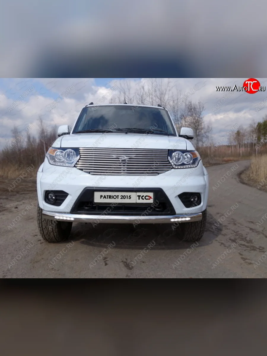 Защита передняя нижняя овальная с ходовыми огнями 75х42 мм ТСС Тюнинг Уаз Патриот 3163 5-дв. 1-ый рестайлинг (2014-2016) (нержавейка)  в Воронеже Воронежской области