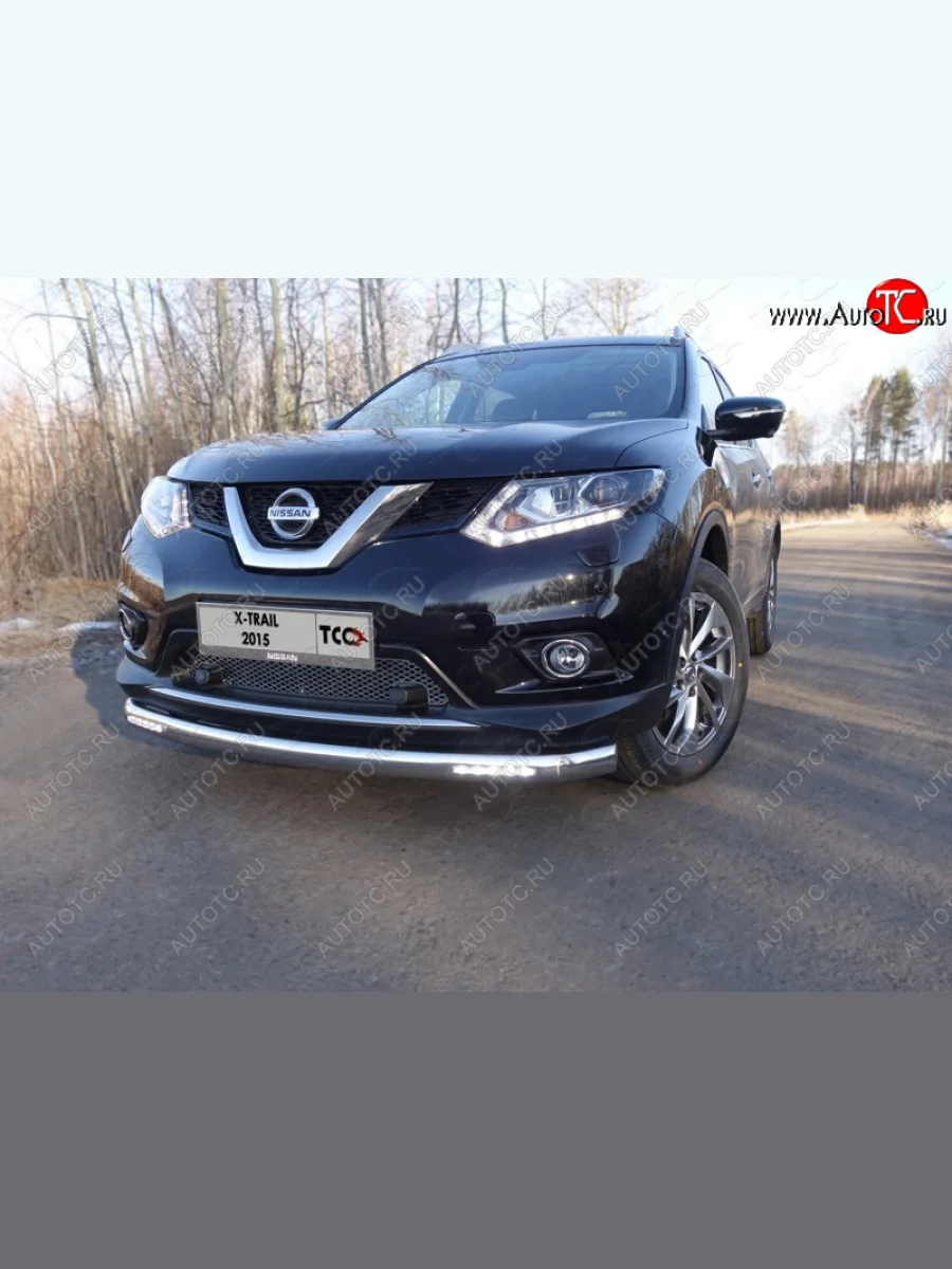 Защита передняя нижняя овальная с ходовыми огнями 75х42 мм ТСС Тюнинг Nissan X-trail 3 T32 дорестайлинг (2013-2018) (нержавейка)  в Керчи Республика Крым