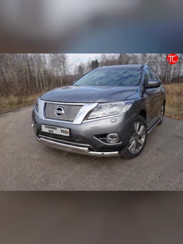 Защита передняя нижняя овальная двойная 75х75 мм ТСС Тюнинг (нержавейка) Nissan Pathfinder R52 дорестайлинг (2012-2017)