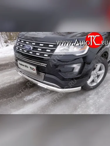Защита передняя нижняя овальная длинная с ДХО 75х42 мм ТСС Тюнинг (нержавейка) Ford Explorer U502 1-ый рестайлинг, 5 дв. (2015-2018)