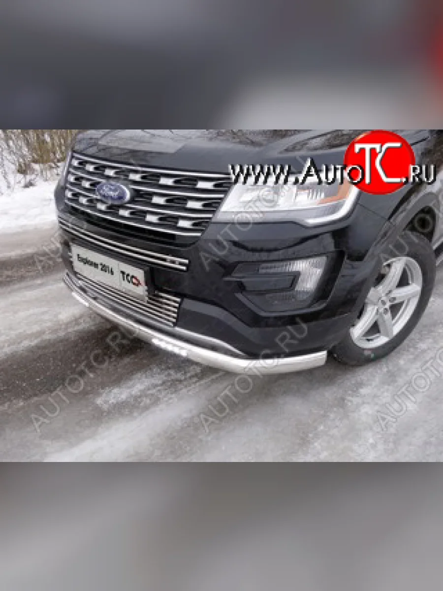Защита передняя нижняя овальная длинная с ДХО 75х42 мм ТСС Тюнинг Ford Explorer U502 1-ый рестайлинг, 5 дв. (2015-2018) (нержавейка)  в Самаре Самарской области