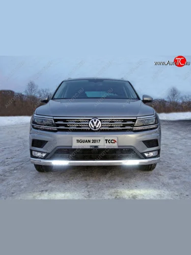 Защита передняя нижняя овальная длинная с ДХО 75х42 мм ТСС Тюнинг Volkswagen Tiguan Mk2 рестайлинг (2020-2022)