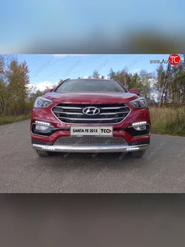 Защита передняя нижняя овальная длинная с ДХО 75х42 мм Premium ТСС Тюнинг (нержавейка) Hyundai Santa Fe DM рестайлинг (2015-2019)