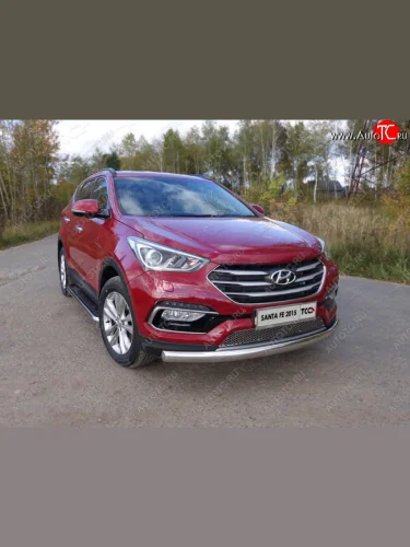 Защита передняя нижняя овальная длинная 75х42 мм Premium ТСС Тюнинг (нержавейка) Hyundai Santa Fe DM рестайлинг (2015-2019)