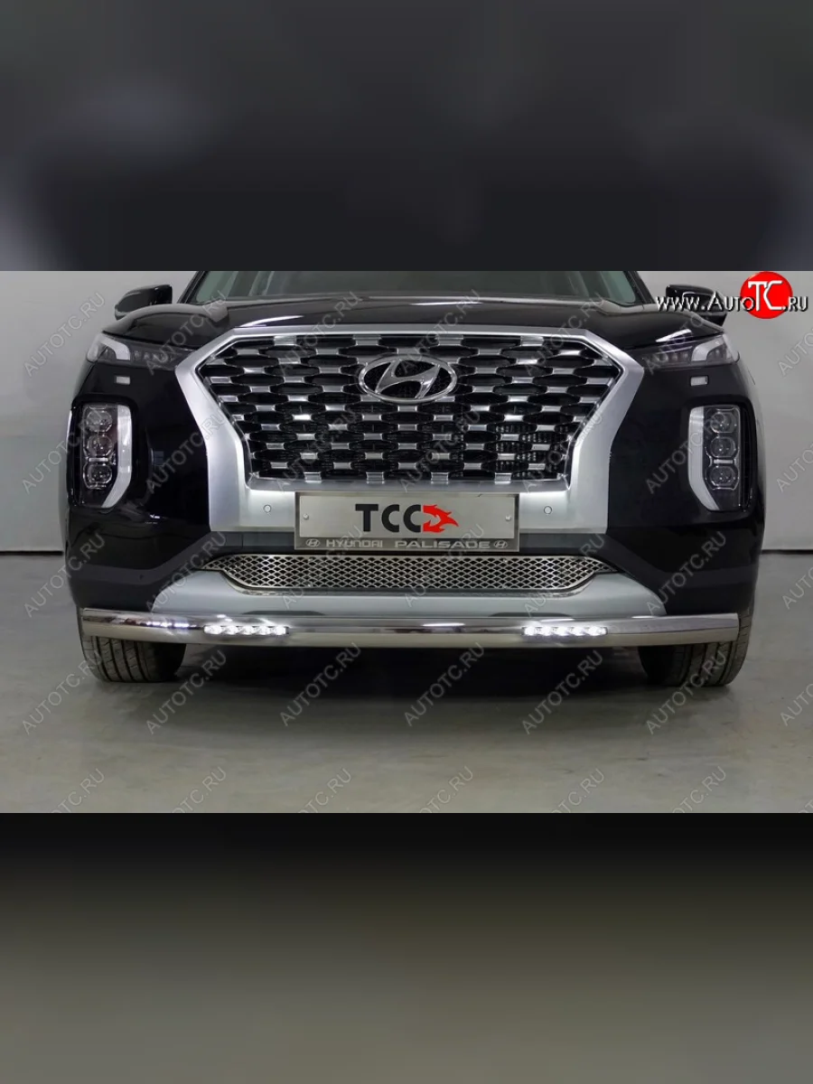 Защита передняя нижняя овальная с ДХО 75х42 мм ТСС Тюнинг Hyundai Palisade LX2 (2018-2022) (нержавейка)  в Самаре Самарской области