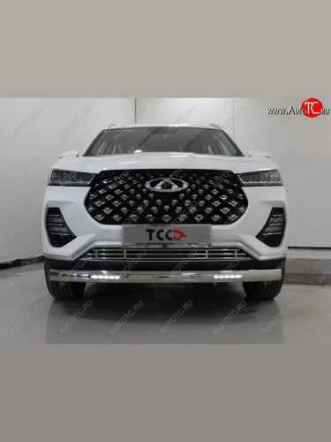 Защита переднего бампера овальная с ДХО 75х42 мм ТСС Тюнинг (нержавейка) Chery Tiggo 7 PRO (2019-2025)