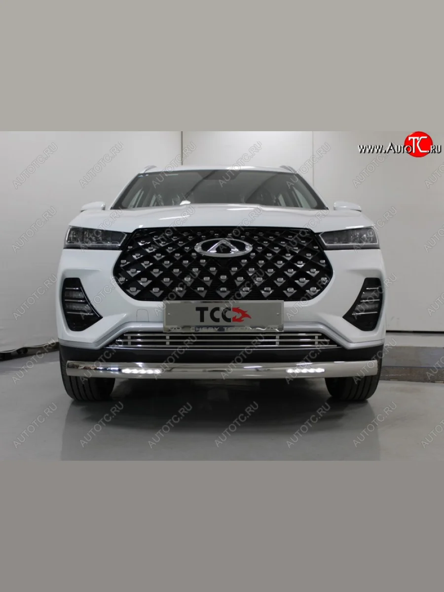 Защита переднего бампера овальная с ДХО 75х42 мм ТСС Тюнинг Chery Tiggo 7 PRO (2019-2025) (нержавейка)  в Керчи Республика Крым