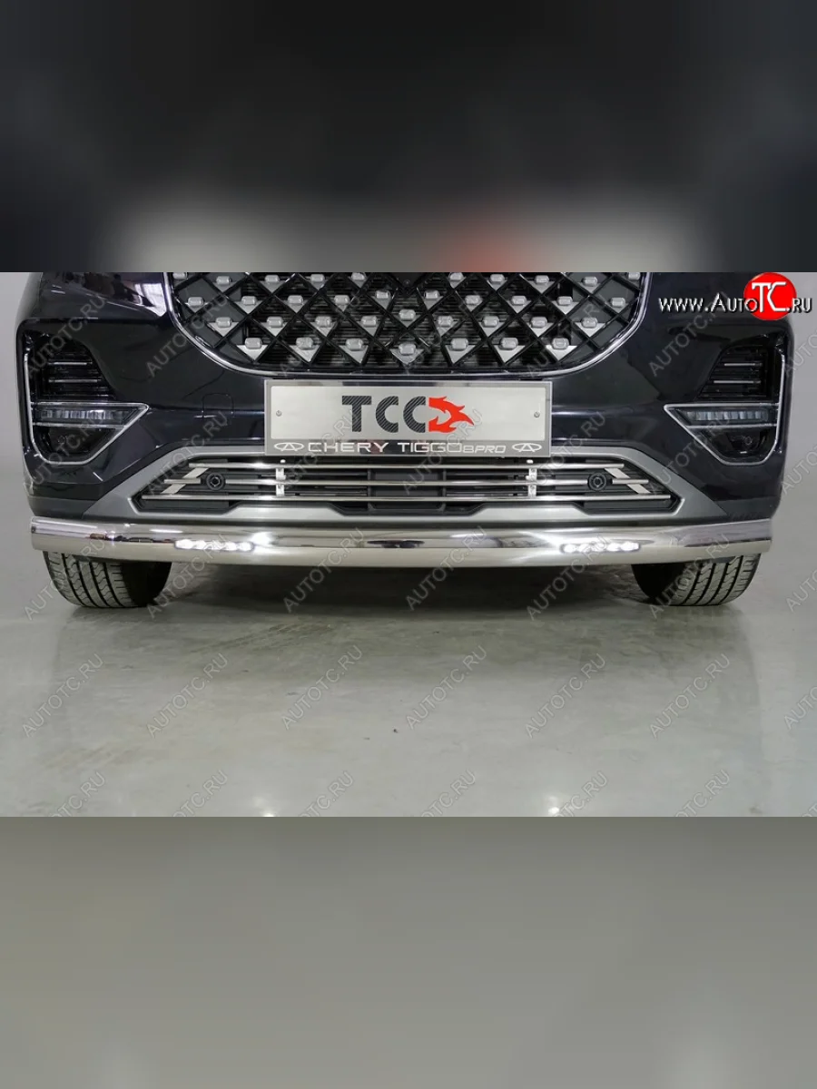 Защита переднего бампера овальная с ДХО 75х42 мм ТСС Тюнинг Chery Tiggo 8 PRO (2021-2025) (нержавейка)  в Керчи Республика Крым