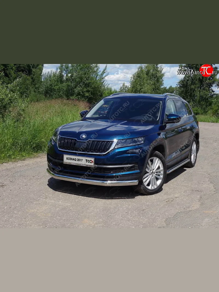 Защита переднего бампера нижняя овальная 75х42 мм ТСС Тюнинг Skoda Kodiaq 1 NS7 дорестайлинг (2017-2021) (нержавейка)  в Самаре Самарской области