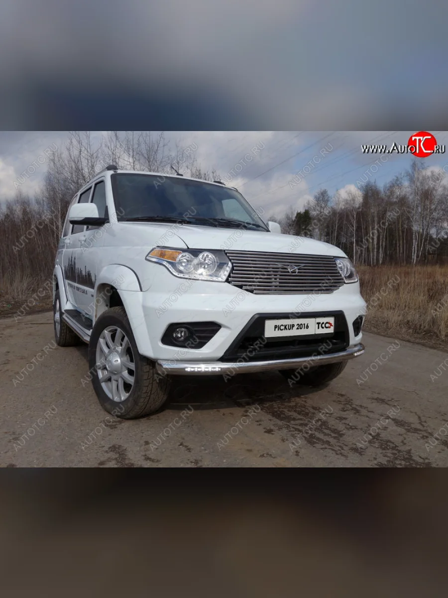 Защита переднего бампера нижняя с ДХО 76,1 мм ТСС Тюнинг Уаз Патриот 23632 2-ой рестайлинг пикап (2016-2025) (нержавейка)  в Керчи Республика Крым