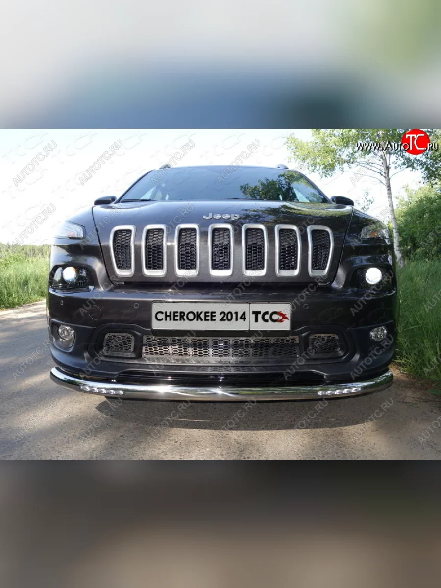 Защита переднего бампера нижняя с ходовыми огнями 60,3 мм ТСС Тюнинг Jeep Cherokee KL дорестайлинг (2014-2017) (нержавейка)  в Перми Пермском крае