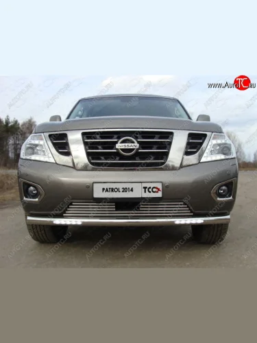 Защита переднего бампера нижняя с ходовыми огнями 76,1 мм ТСС Тюнинг (нержавейка) Nissan Patrol 6 Y62 рестайлинг (2014-2017)