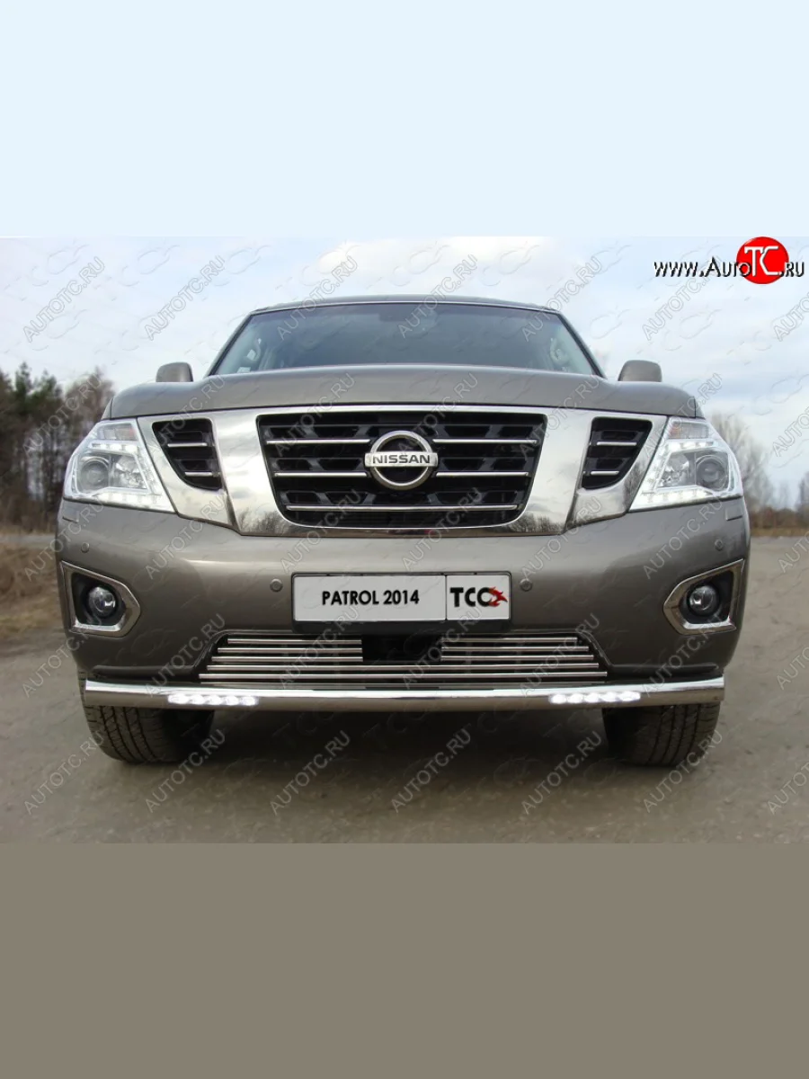 Защита переднего бампера нижняя с ходовыми огнями 76,1 мм ТСС Тюнинг Nissan Patrol 6 Y62 рестайлинг (2014-2017) (нержавейка)  в Керчи Республика Крым