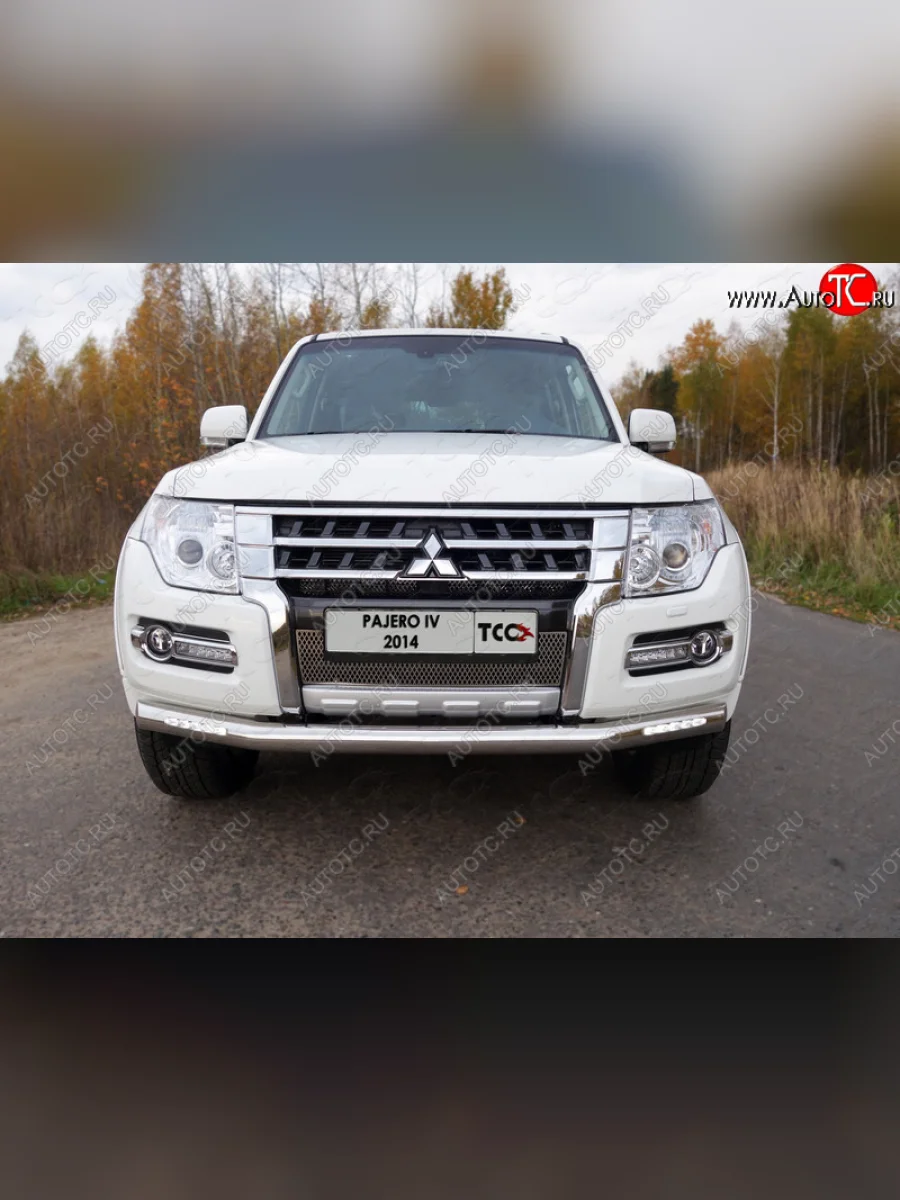 Защита переднего бампера нижняя с ходовыми огнями 76,1 мм ТСС Тюнинг  Mitsubishi Pajero (2014-2020) 4 V90 (нержавейка)  в Воронеже Воронежской области