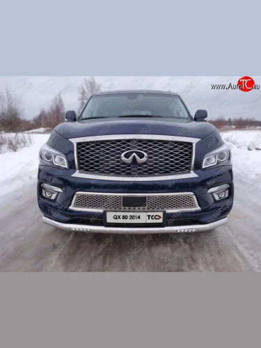 Защита переднего бампера нижняя с ходовыми огнями 76,1 мм ТСС Тюнинг (нержавейка) INFINITI QX80 Z62 1-ый рестайлинг (2014-2018)