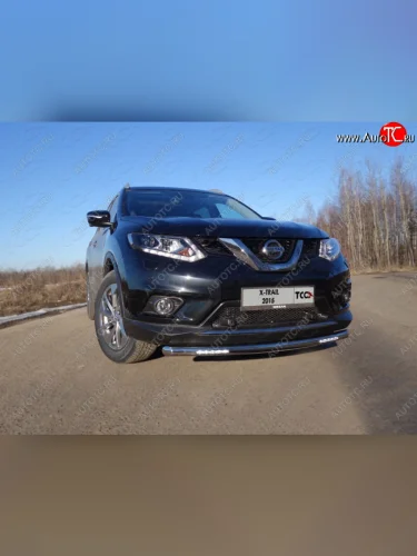 Защита переднего бампера нижняя короткая с ходовыми огнями 60,3 мм ТСС Тюнинг (нержавейка) Nissan X-trail 3 T32 дорестайлинг (2013-2018)