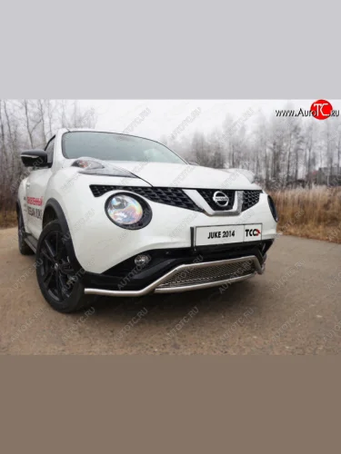 Защита переднего бампера кенгурин с вставкой и решеткой d42,4 мм ТСС Тюнинг (нержавейка) Nissan Juke  1 YF15 (2014-2020) рестайлинг