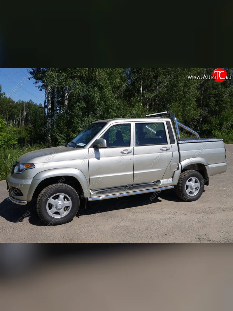 Защита кузова (для крышки) d 76,1 мм со светодиодной фарой ТСС Тюнинг Уаз Патриот 23632 1 рестайлинг пикап (2014-2016) (нержавейка)  в Перми Пермском крае