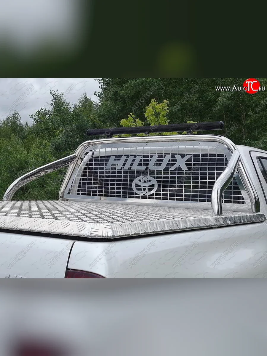 Защита кузова и заднего стекла (нержавейка Ø75*42 мм) ТСС Тюнинг Toyota Hilux AN120 дорестайлинг (2016-2020) (для крышки, с надписью, со светодиодной фарой)  с доставкой в г. Керчь