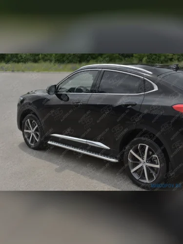  Пороги труба d42 с листом SLITKOFF (лист алюминиевый, проф. сталь) Haval F7x (2022-2024) рестайлинг