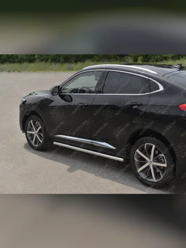 Защита порогов (нержавейка) d63 SLITKOFF (с пластиковыми заглушками на торцах) Haval F7x рестайлинг (2022-2024)