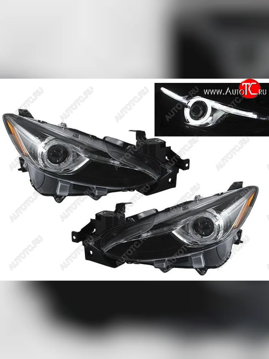 Комплект передних линзованых фар со светящимся ободком EAGLE EYES Mazda 3/Axela BM дорестайлинг, хэтчбэк (2013-2016) (черные)  в Керчи Республика Крым