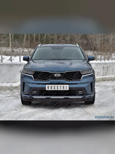 Защита переднего бампера d63 секции-d42 уголки SLITKOFF (нержавейка окрашенная в черный цыет) KIA Sorento  MQ4 (2020-2022)